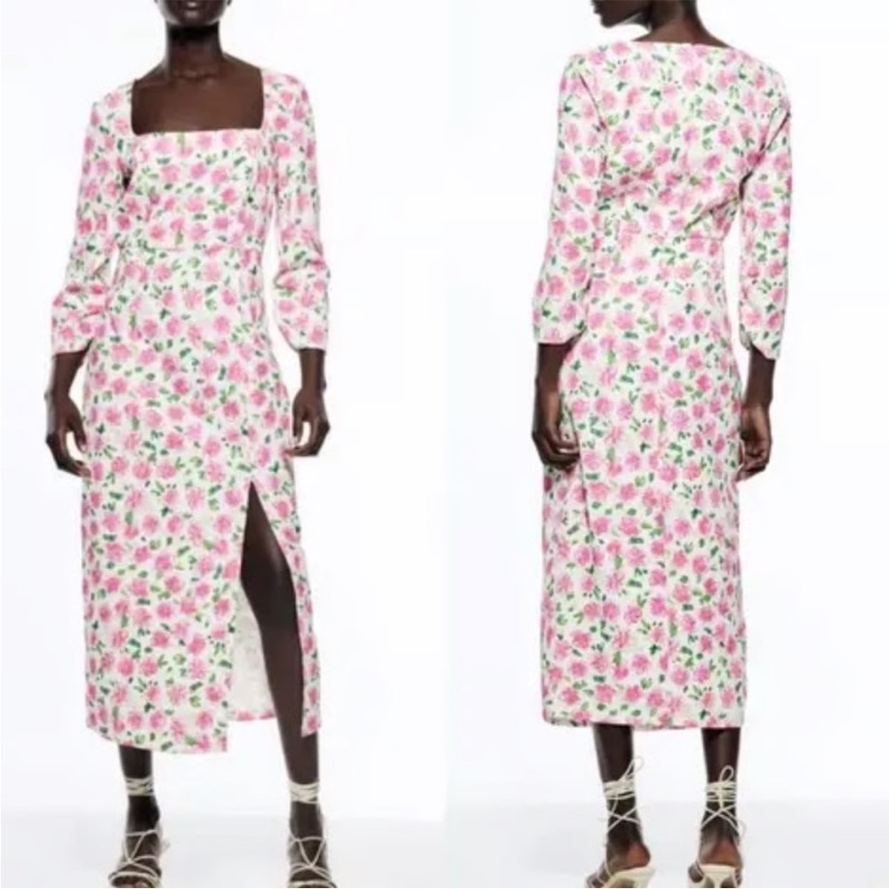 Zara pink floral midi dress